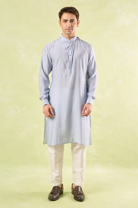 Buy_Rng Safawala_Blue Silk, Cotton, Denim Embroidery, Sequins Powder Kurta-bundi Set _Online_at_Aza_Fashions