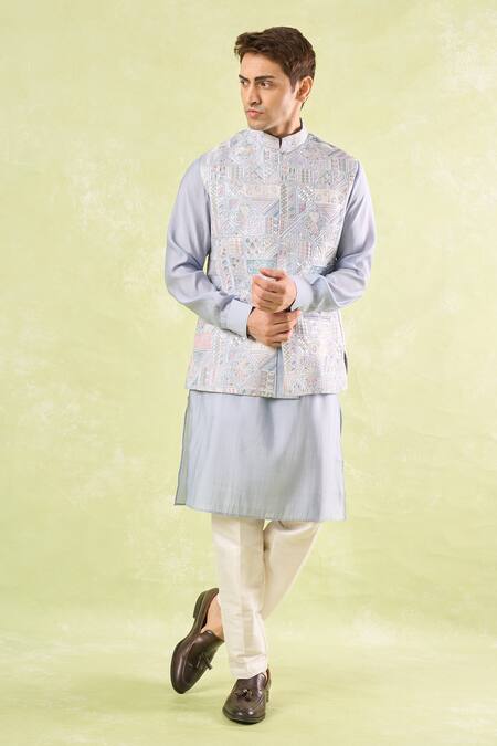 Buy_Rng Safawala_Blue Silk, Cotton, Denim Embroidery, Sequins Powder Kurta-bundi Set 