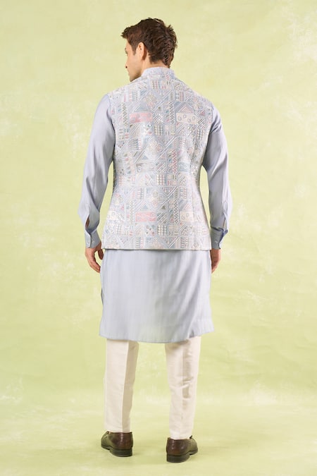 Shop_Rng Safawala_Blue Silk, Cotton, Denim Embroidery, Sequins Powder Kurta-bundi Set _at_Aza_Fashions