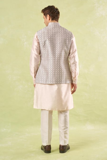Shop_Rng Safawala_Peach Silk, Denim Embroidery Kurta-bundi Set _at_Aza_Fashions