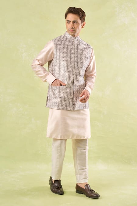 Rng Safawala_Peach Silk, Denim Embroidery Kurta-bundi Set _Online_at_Aza_Fashions
