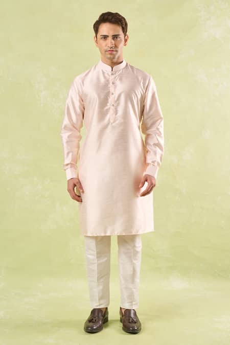 Rng Safawala_Peach Silk, Denim Embroidery Kurta-bundi Set _at_Aza_Fashions