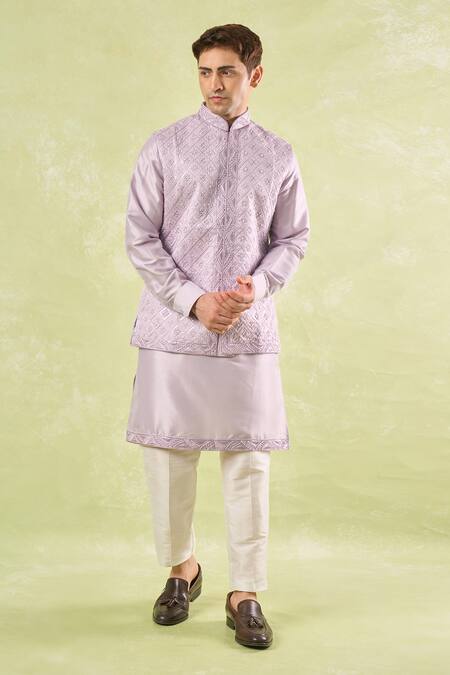 Rng Safawala Purple Silk, Cotton Satin, Dupion Sequins, Embroidery Lavender Kurta-bundi Set Online at Aza Fashions Rng Safawala_Purple Silk, Cotton Satin, Dupion Sequins, Embroidery Lavender Kurta-bundi Set _Online_at_Aza_Fashions