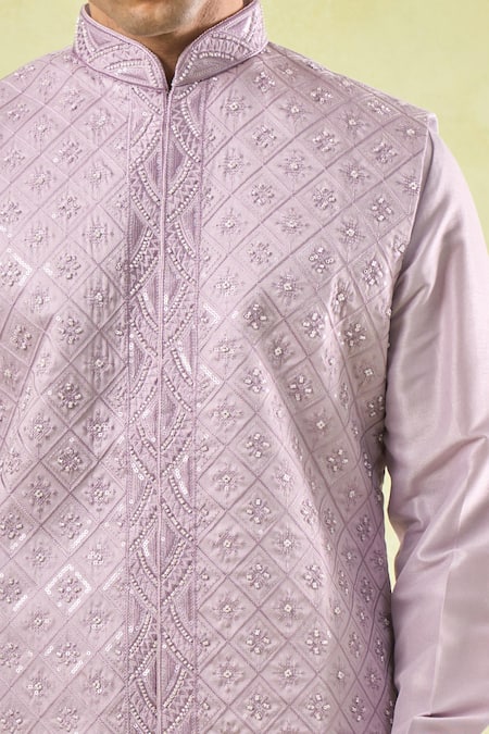 Buy Rng Safawala Purple Silk, Cotton Satin, Dupion Sequins, Embroidery Lavender Kurta-bundi Set Online at Aza Fashions Buy_Rng Safawala_Purple Silk, Cotton Satin, Dupion Sequins, Embroidery Lavender Kurta-bundi Set _Online_at_Aza_Fashions