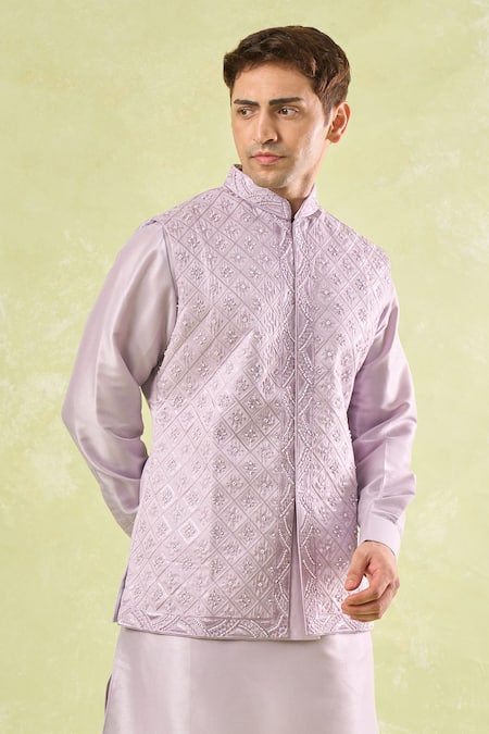Shop Rng Safawala Purple Silk, Cotton Satin, Dupion Sequins, Embroidery Lavender Kurta-bundi Set Online at Aza Fashions Shop_Rng Safawala_Purple Silk, Cotton Satin, Dupion Sequins, Embroidery Lavender Kurta-bundi Set _Online_at_Aza_Fashions