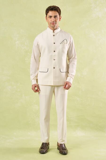 Buy_Rng Safawala_White Cotton Piping Off Pipen Nehru Jacket _Online_at_Aza_Fashions