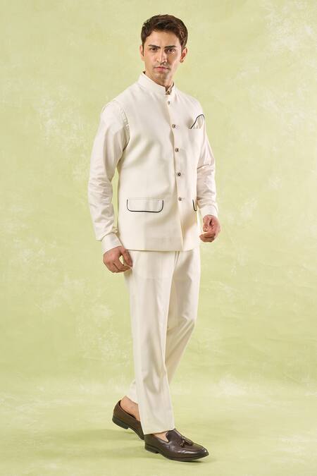Rng Safawala_White Cotton Piping Off Pipen Nehru Jacket _at_Aza_Fashions
