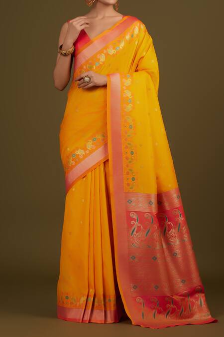 Naintara Bajaj Yellow Silk, Satin Zari V-neck Woven Banarasi Saree Set Online at Aza Fashions Naintara Bajaj_Yellow Silk, Satin Zari V-neck Woven Banarasi Saree Set _Online_at_Aza_Fashions