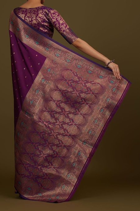 Shop_Samyukta Singhania_Purple Brocade, Silk Zari V-neck Dark Woven Banarasi Saree Set _at_Aza_Fashions