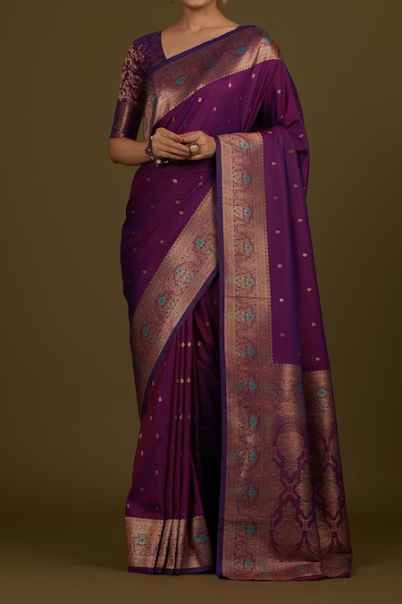 Samyukta Singhania_Purple Brocade, Silk Zari V-neck Dark Woven Banarasi Saree Set _Online_at_Aza_Fashions
