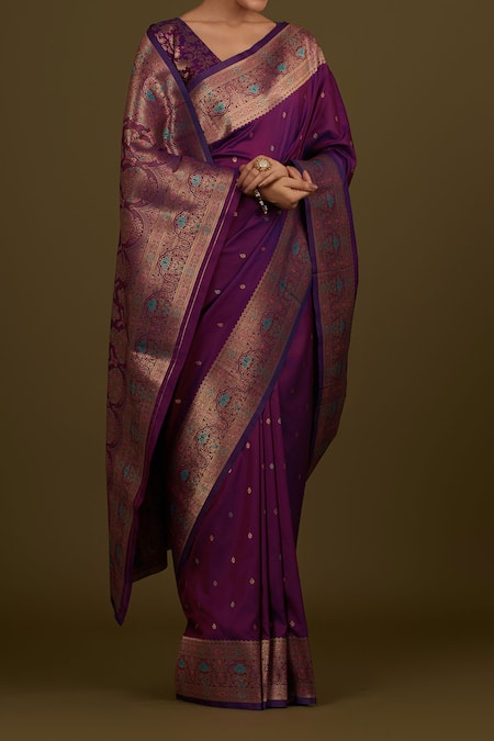 Buy_Samyukta Singhania_Purple Brocade, Silk Zari V-neck Dark Woven Banarasi Saree Set _Online_at_Aza_Fashions