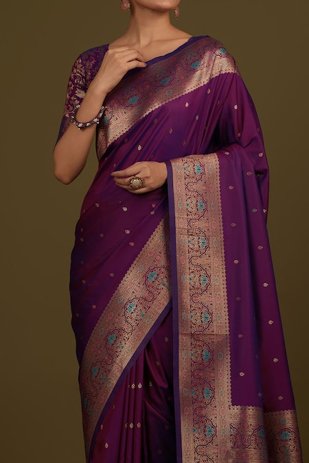 Shop_Samyukta Singhania_Purple Brocade, Silk Zari V-neck Dark Woven Banarasi Saree Set _Online_at_Aza_Fashions