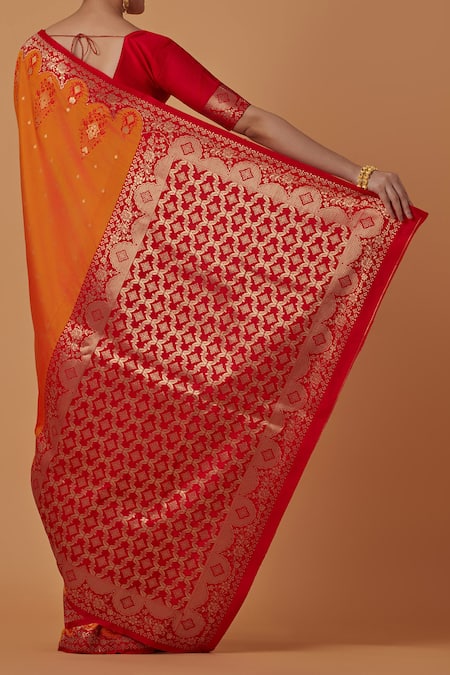 Shop_Naintara Bajaj_Orange Silk Zari Round Neck Amber Woven Banarasi Saree Set _at_Aza_Fashions
