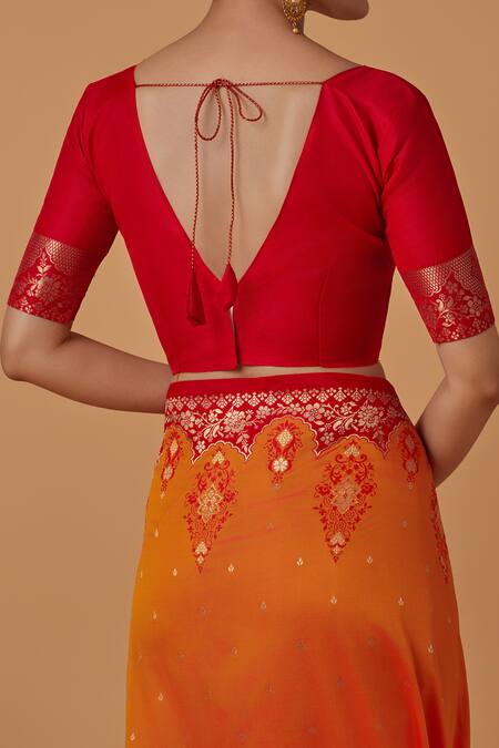 Naintara Bajaj_Orange Silk Zari Round Neck Amber Woven Banarasi Saree Set _at_Aza_Fashions