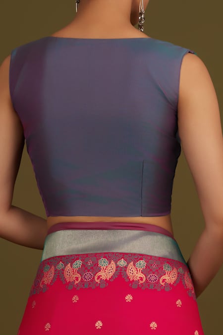 Shop_Naintara Bajaj_Pink Silk, Satin Zari Round Neck Woven Banarasi Saree _Online_at_Aza_Fashions