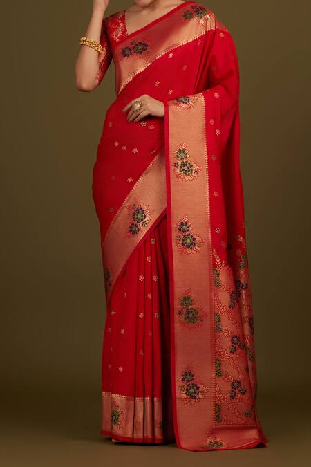 Buy Naintara Bajaj Red Silk, Brocade Zari Round Neck Woven Banarasi Saree Online at Aza Fashions Buy_Naintara Bajaj_Red Silk, Brocade Zari Round Neck Woven Banarasi Saree _Online_at_Aza_Fashions