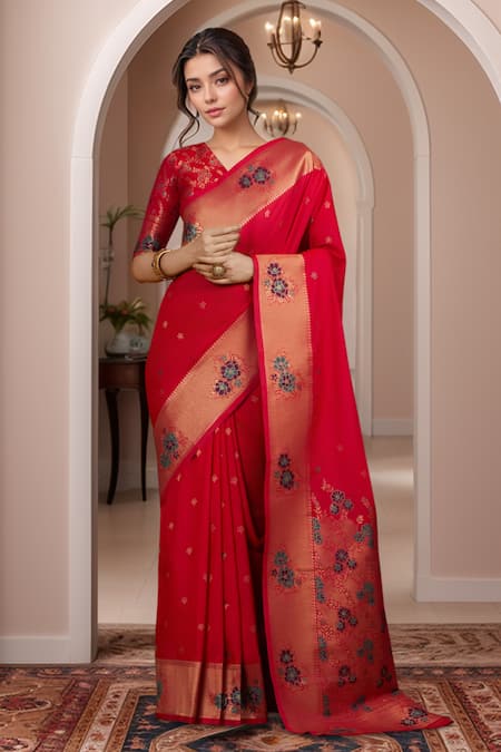 Samyukta Singhania Pink Silk, Brocade Zari V-neck Woven Banarasi Saree Set 