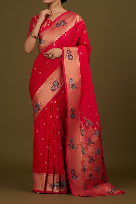 Buy Naintara Bajaj Pink Silk, Brocade Zari V-neck Woven Banarasi Saree Set Online at Aza Fashions Buy_Naintara Bajaj_Pink Silk, Brocade Zari V-neck Woven Banarasi Saree Set _Online_at_Aza_Fashions