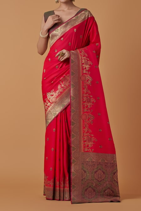 Naintara Bajaj_Pink Brocade, Silk Zari V-neck Woven Banarasi Saree _Online_at_Aza_Fashions