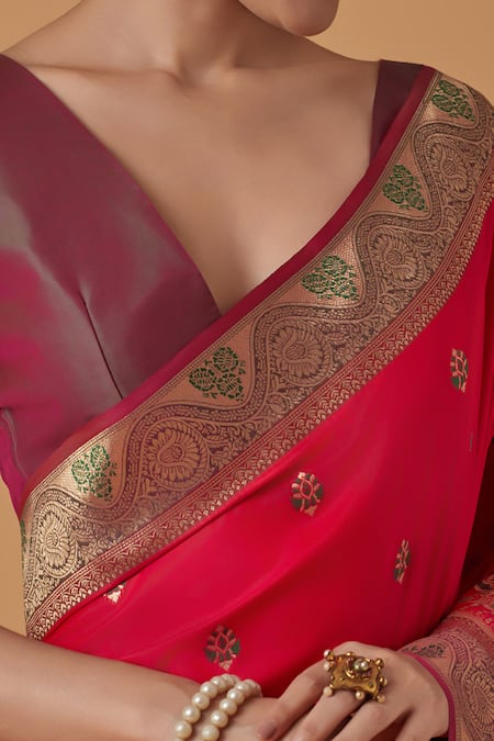 Shop_Naintara Bajaj_Pink Brocade, Silk Zari V-neck Woven Banarasi Saree _Online_at_Aza_Fashions