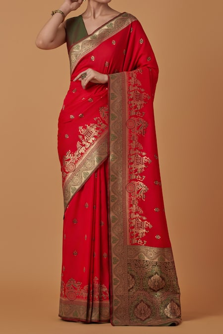 Naintara Bajaj Red Brocade, Silk Zari V-neck Woven Banarasi Saree With Blouse Online at Aza Fashions Naintara Bajaj_Red Brocade, Silk Zari V-neck Woven Banarasi Saree With Blouse _Online_at_Aza_Fashions