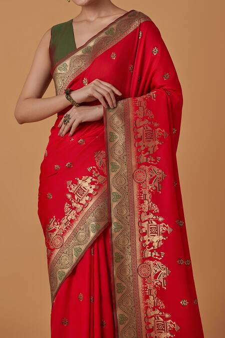Buy Naintara Bajaj Red Brocade, Silk Zari V-neck Woven Banarasi Saree With Blouse Online at Aza Fashions Buy_Naintara Bajaj_Red Brocade, Silk Zari V-neck Woven Banarasi Saree With Blouse _Online_at_Aza_Fashions