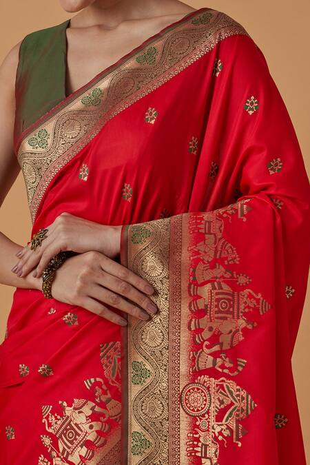 Shop Naintara Bajaj Red Brocade, Silk Zari V-neck Woven Banarasi Saree With Blouse Online at Aza Fashions Shop_Naintara Bajaj_Red Brocade, Silk Zari V-neck Woven Banarasi Saree With Blouse _Online_at_Aza_Fashions