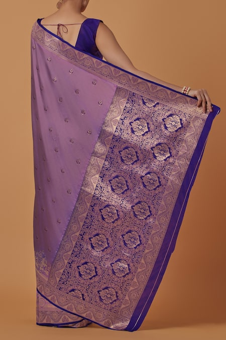 Shop_Samyukta Singhania_Lavender Silk, Brocade Zari V-neck Woven Banarasi Saree With Blouse _at_Aza_Fashions