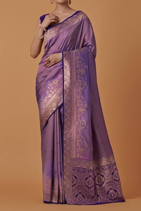 Samyukta Singhania_Lavender Silk, Brocade Zari V-neck Woven Banarasi Saree With Blouse _Online_at_Aza_Fashions
