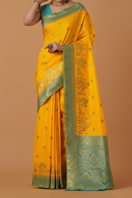 Naintara Bajaj_Yellow Silk Zari Round Neck Woven Banarasi Saree _Online_at_Aza_Fashions