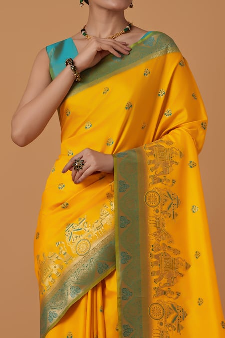 Buy_Naintara Bajaj_Yellow Silk Zari Round Neck Woven Banarasi Saree _Online_at_Aza_Fashions