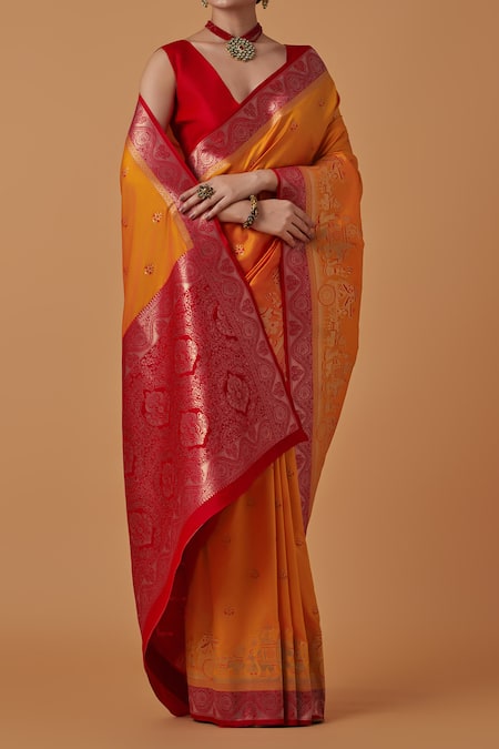 Naintara Bajaj Orange Brocade, Silk Zari V-neck Amber Woven Banarasi Saree Set Online at Aza Fashions Naintara Bajaj_Orange Brocade, Silk Zari V-neck Amber Woven Banarasi Saree Set _Online_at_Aza_Fashions