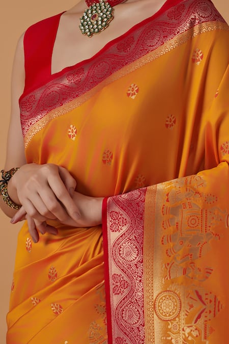Buy Naintara Bajaj Orange Brocade, Silk Zari V-neck Amber Woven Banarasi Saree Set Online at Aza Fashions Buy_Naintara Bajaj_Orange Brocade, Silk Zari V-neck Amber Woven Banarasi Saree Set _Online_at_Aza_Fashions