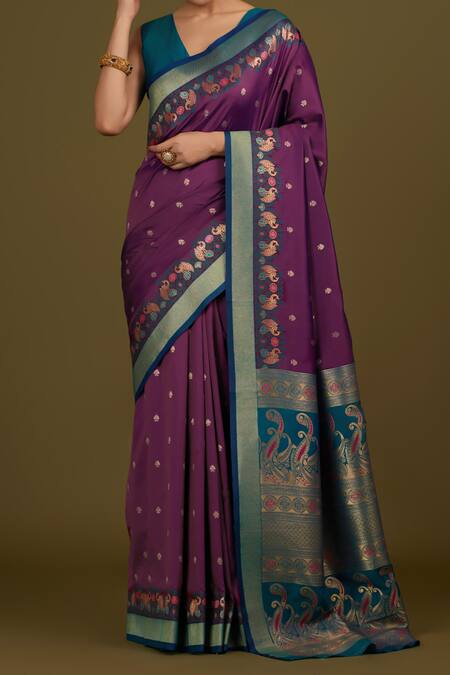 Naintara Bajaj_Purple Brocade, Silk, Satin Zari V-neck Designer Woven Saree Set _Online_at_Aza_Fashions