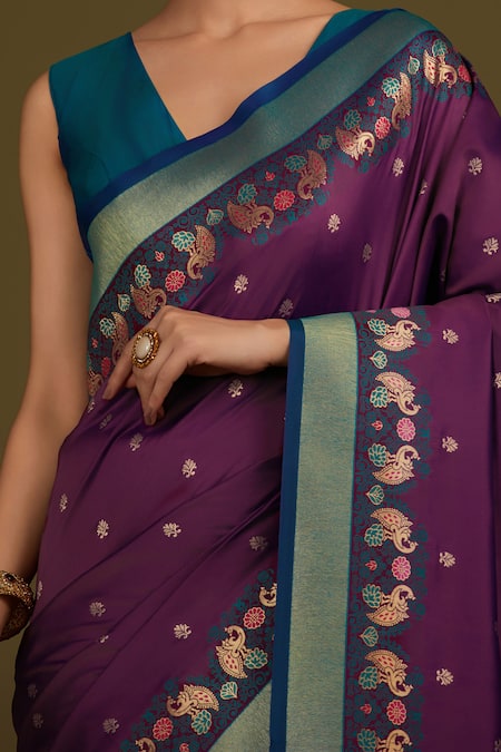 Buy_Naintara Bajaj_Purple Brocade, Silk, Satin Zari V-neck Designer Woven Saree Set _Online_at_Aza_Fashions