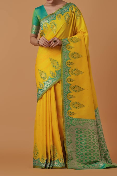 Buy Naintara Bajaj Yellow Silk, Brocade Zari Round Neck Woven Banarasi Saree With Blouse Online at Aza Fashions Buy_Naintara Bajaj_Yellow Silk, Brocade Zari Round Neck Woven Banarasi Saree With Blouse _Online_at_Aza_Fashions