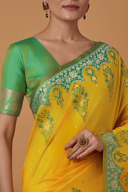Naintara Bajaj Yellow Silk, Brocade Zari Round Neck Woven Banarasi Saree With Blouse at Aza Fashions Naintara Bajaj_Yellow Silk, Brocade Zari Round Neck Woven Banarasi Saree With Blouse _at_Aza_Fashions