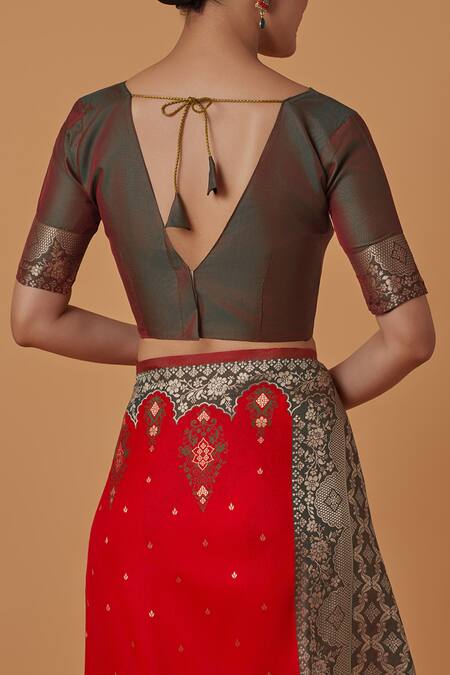 Naintara Bajaj_Red Silk, Brocade Zari Round Neck Woven Banarasi Saree Set _at_Aza_Fashions