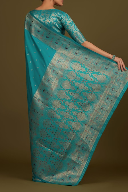 Shop_Samyukta Singhania_Cobalt Silk, Brocade Zari V-neck Cyan Woven Banarasi Saree _at_Aza_Fashions