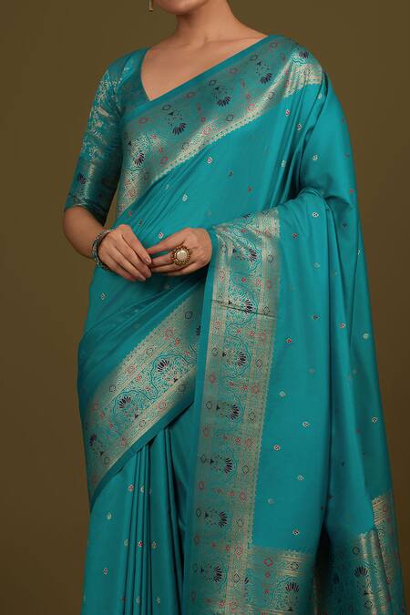 Shop_Samyukta Singhania_Cobalt Silk, Brocade Zari V-neck Cyan Woven Banarasi Saree _Online_at_Aza_Fashions