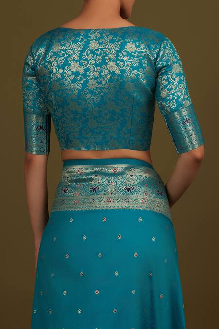 Shop_Samyukta Singhania_Cobalt Silk, Brocade Zari V-neck Cyan Woven Banarasi Saree 