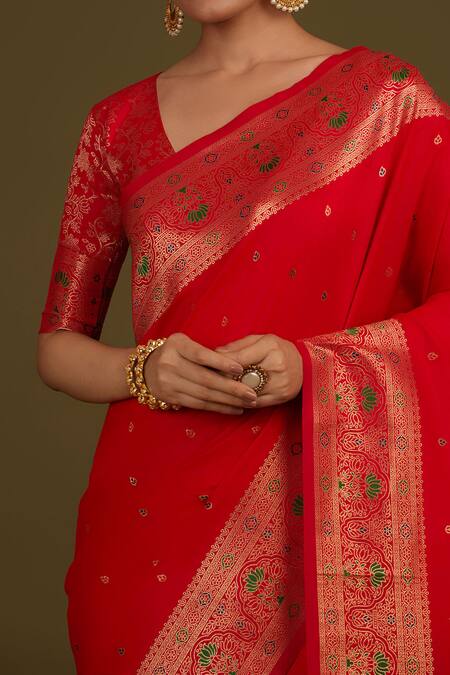 Shop Naintara Bajaj Red Silk, Brocade Zari V-neck Woven Banarasi Saree Online at Aza Fashions Shop_Naintara Bajaj_Red Silk, Brocade Zari V-neck Woven Banarasi Saree _Online_at_Aza_Fashions