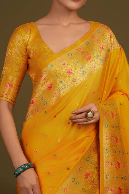 Naintara Bajaj_Yellow Silk, Brocade Zari V-neck Woven Banarasi Saree _at_Aza_Fashions