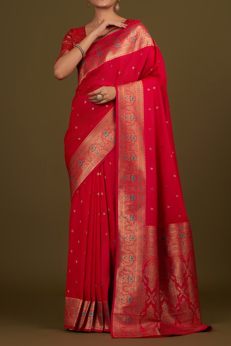Buy_Naintara Bajaj_Pink Silk, Brocade Zari Round Neck Woven Hot Banarasi Saree _Online_at_Aza_Fashions