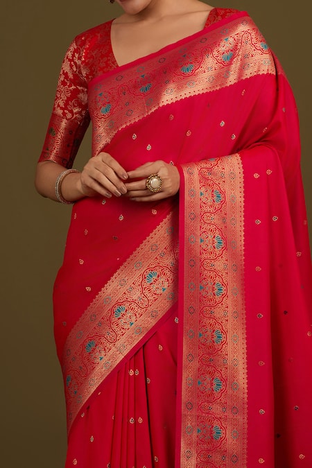 Shop_Naintara Bajaj_Pink Silk, Brocade Zari Round Neck Woven Hot Banarasi Saree _Online_at_Aza_Fashions