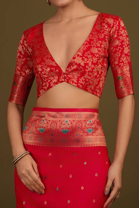 Buy_Naintara Bajaj_Pink Silk, Brocade Zari Round Neck Woven Hot Banarasi Saree 