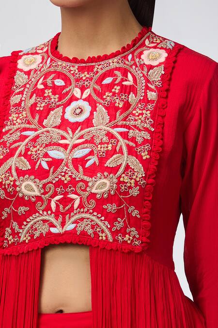 Aksh_Rust Chiffon Embroidery Round Neck Hand Anarkali Set_Online_at_Aza_Fashions