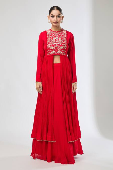 Buy_Aksh_Rust Chiffon Embroidery Round Neck Hand Anarkali Set_Online_at_Aza_Fashions