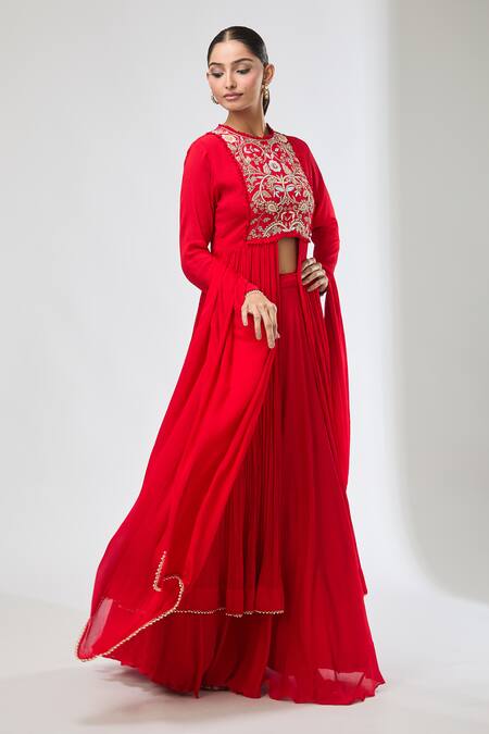 Aksh_Rust Chiffon Embroidery Round Neck Hand Anarkali Set_at_Aza_Fashions