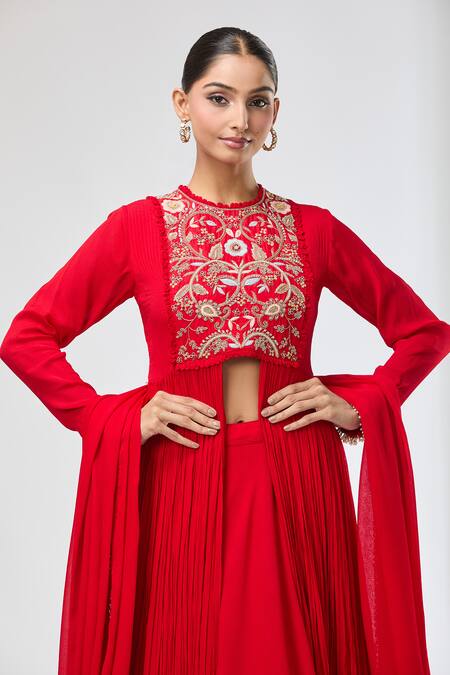 Buy_Aksh_Rust Chiffon Embroidery Round Neck Hand Anarkali Set